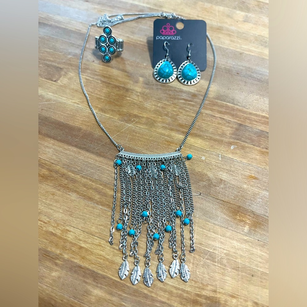 Paparazzi Silver & Turquoise Necklace, Earrings & Ring Set! Feathers & FUN!
